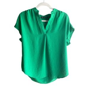 New York & Company Mandarin Collar Split-Neck Top-Green-Size XS